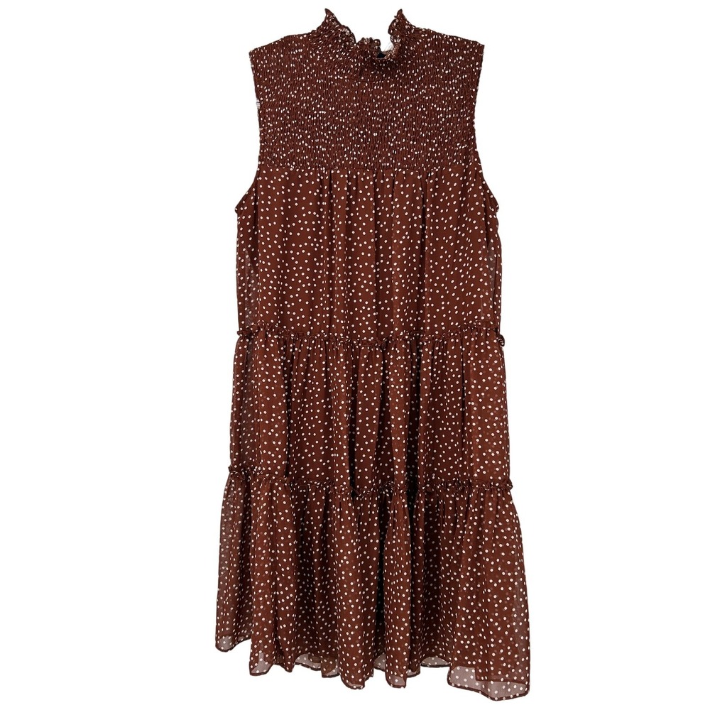 Just Taylor Brown Polka Dot Smocked Mock Neck Tiered Sleeveless Dress Size 10